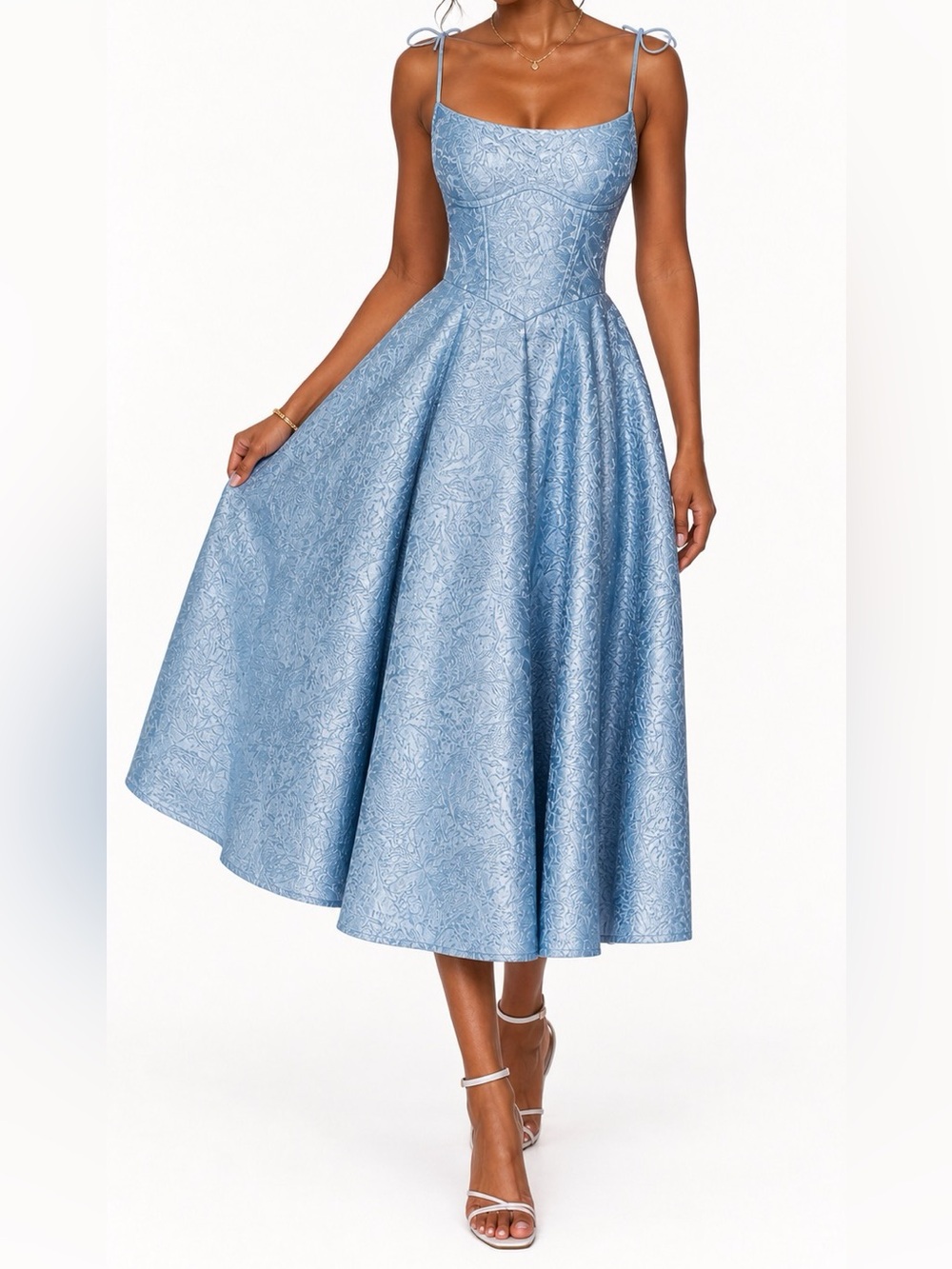 Blue jacquard tea length dress corset with pockets